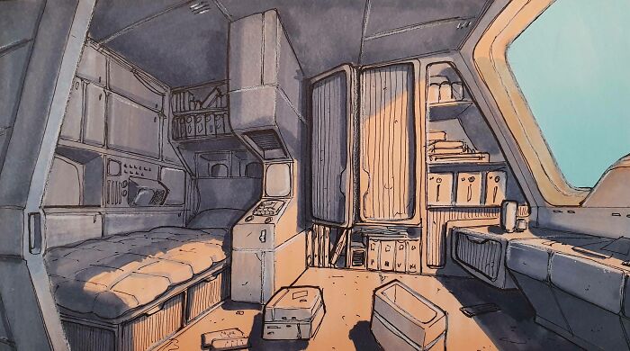 Retrofuturism interior concept of a compact spaceship cabin with minimalist design