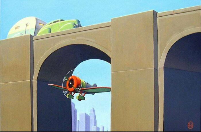 Retrofuturism painting showing vintage cars on elevated roads and a propeller plane in the city
