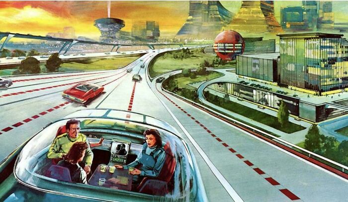 Retrofuturism illustration of futuristic self-driving cars on highways with dome roofs
