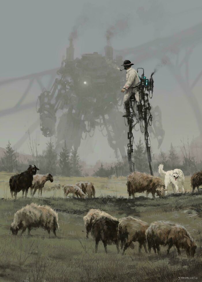 Retrofuturism shepherd with robotic legs herding sheep with giant mechanical robot in background