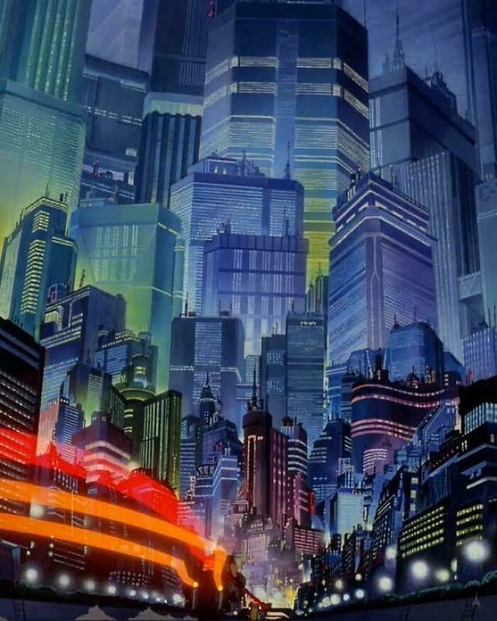 Retrofuturism futuristic neon-lit cityscape with towering skyscrapers at night