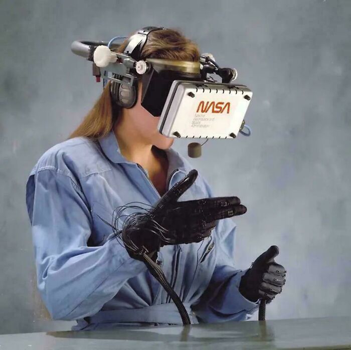 Retrofuturism NASA virtual reality headset and wired glove prototype for astronaut training