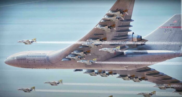 Retrofuturism concept of a large aircraft carrying multiple fighter jets in formation
