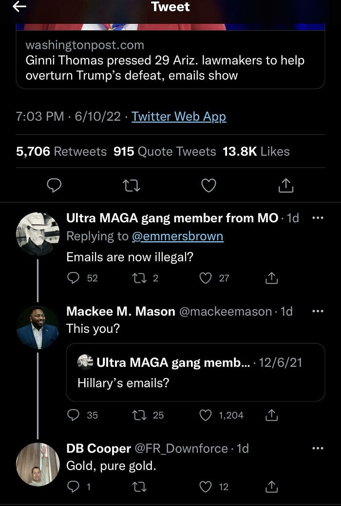 Social media screenshot showing users using words against each other in a sarcastic email exchange.