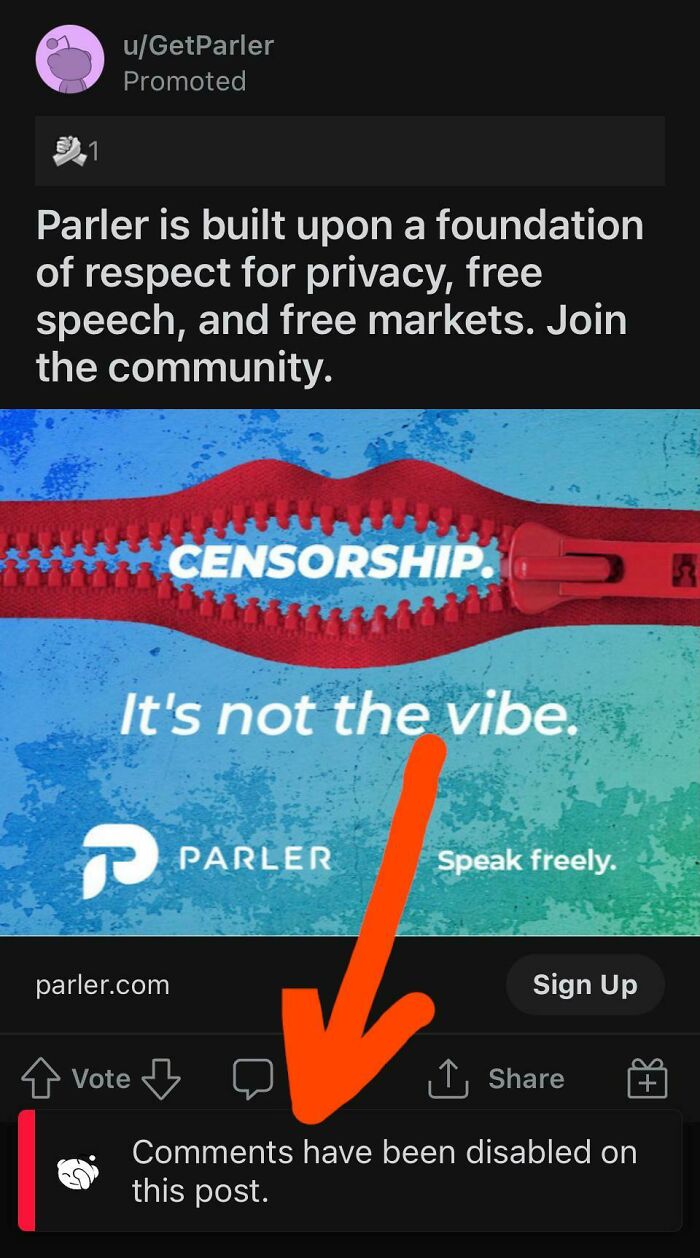 Screenshot of a social media post about free speech and censorship with comments disabled on Parler.