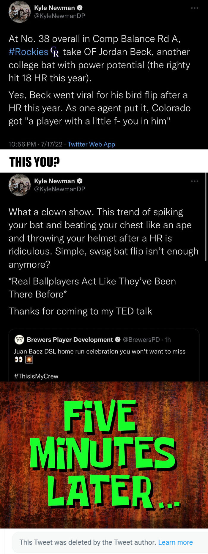 Screenshot of tweets showing words used against a person on social media with a viral baseball bat flip debate.