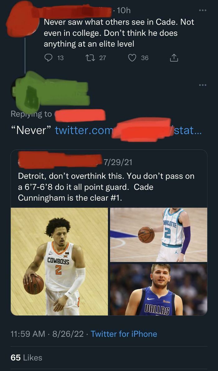 Screenshot of Twitter thread showing people having their words used against them on social media with basketball player images.