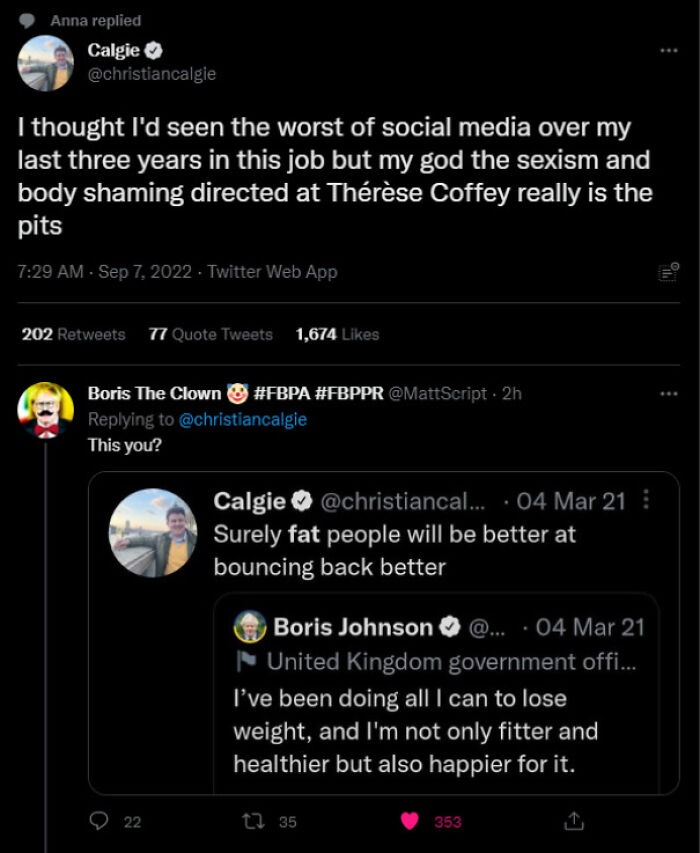 Screenshot of tweets showing people having their words used against them on social media with fat-shaming and body image comments.