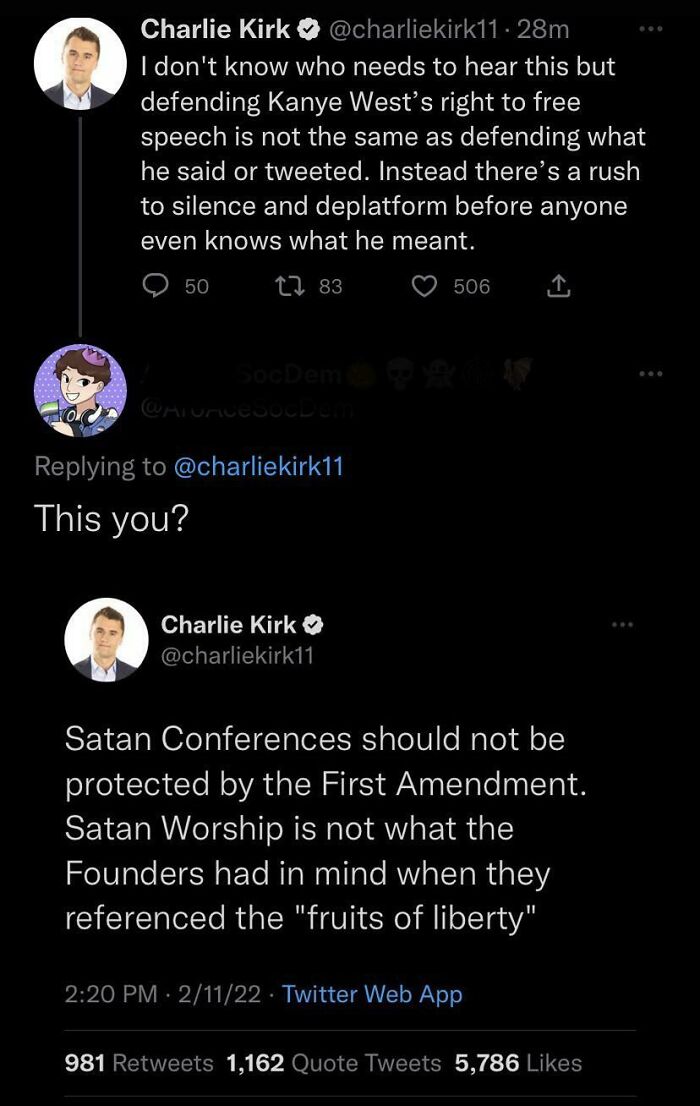 Twitter exchange showing words used against their author in social media, highlighting contradictions and free speech debate.