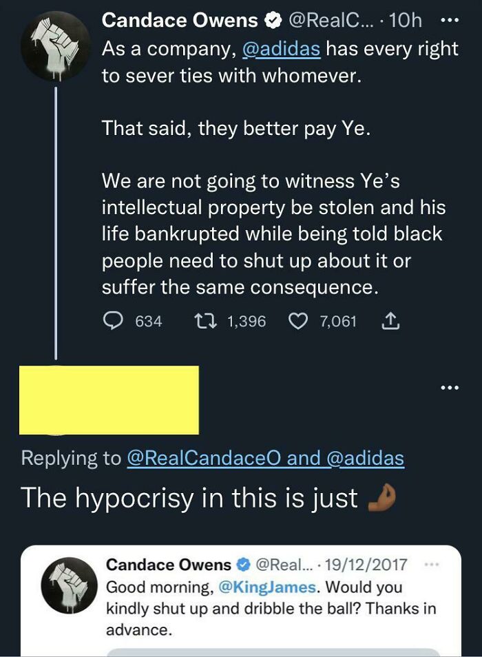 Tweet exchange showing social media hypocrisy with words used against people in viral posts and replies.