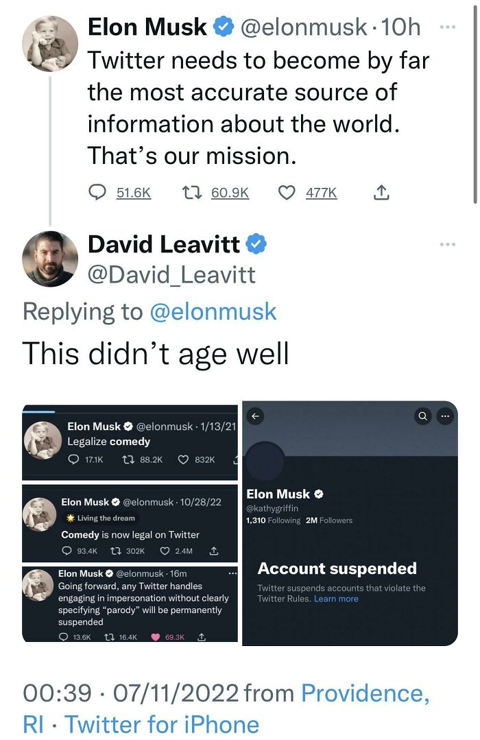 Screenshot of tweets showing Elon Musk’s words about Twitter’s comedy policy used against him on social media.