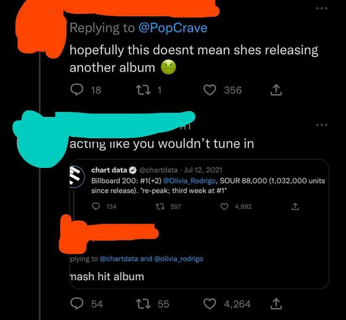 Social media exchange showing words used against someone about a music album's chart success and reactions.
