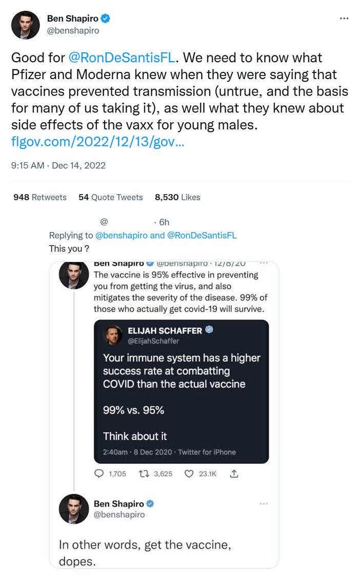Tweet showing a social media example where people's words about vaccines were used against them in a viral exchange.