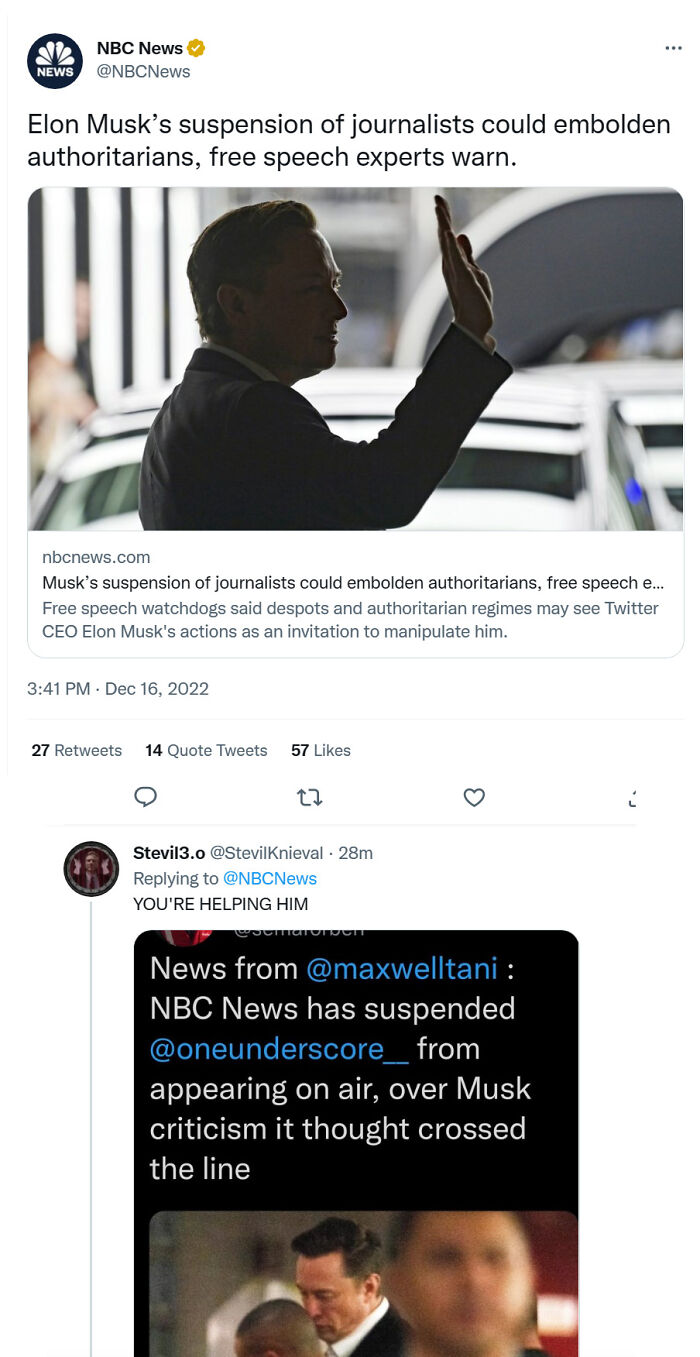 Tweet showing Elon Musk silhouette with comments about journalist suspension and words used against them on social media.