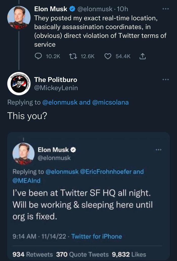 Twitter exchange showing Elon Musk's tweets used against him in social media with sarcastic replies.