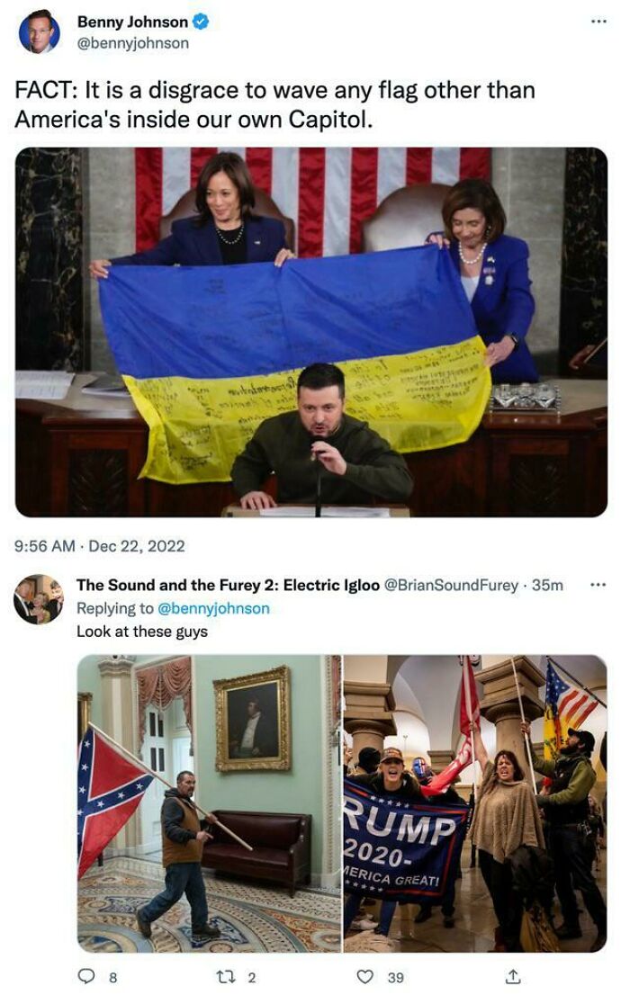 Tweet shows a political debate with Ukrainian flag and U.S. Capitol protests highlighting words used against them on social media.