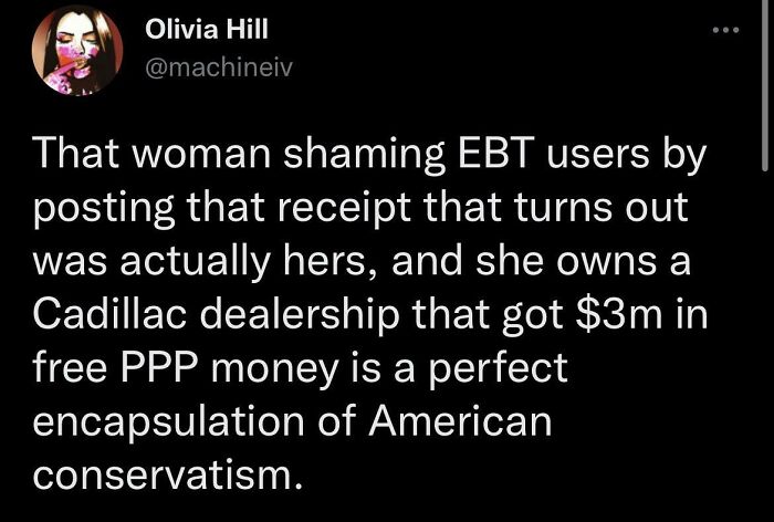 Social media post where words are used against a woman shaming EBT users while owning a Cadillac dealership.