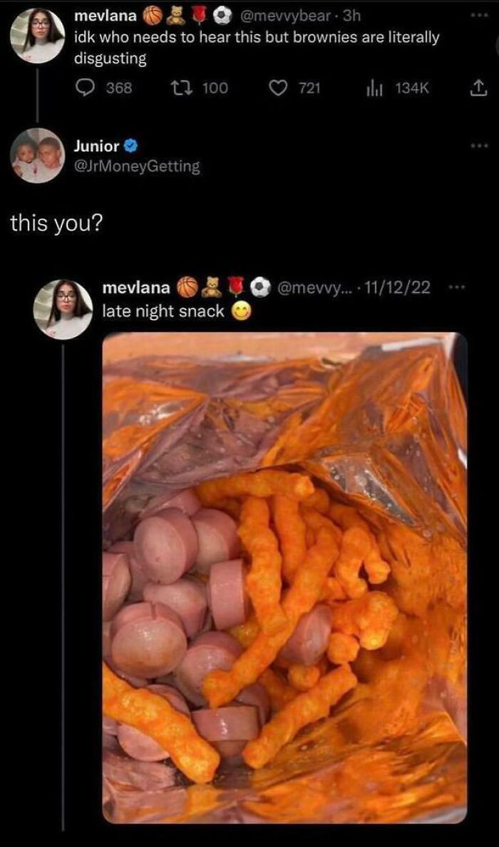 Screenshot of a social media roast where words are humorously used against someone with a snack photo reply.