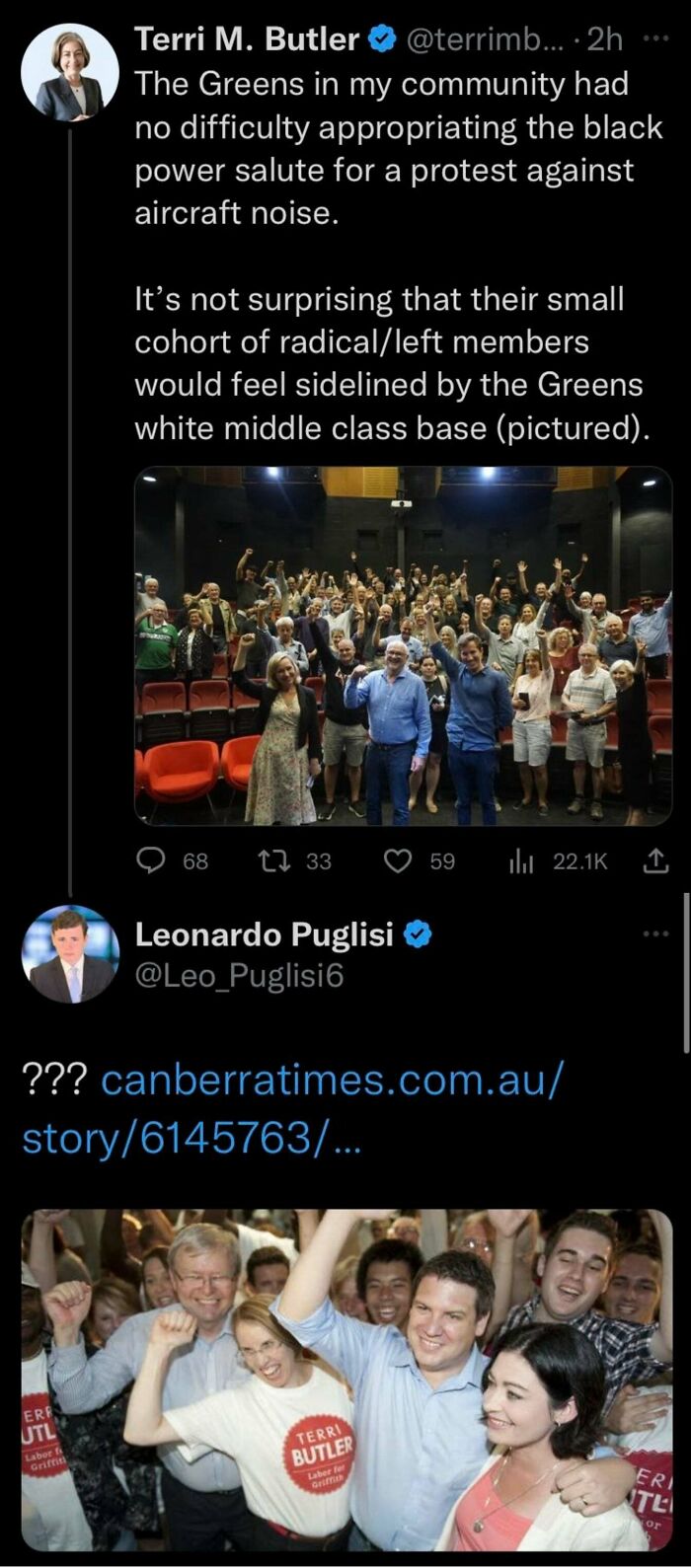 Screenshot of social media posts showing words used against people with images of groups raising fists in protest.