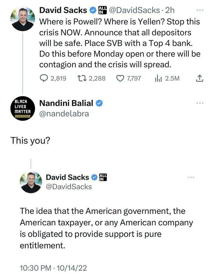 Tweet exchange showing words used against someone on social media involving crisis and government support debates.