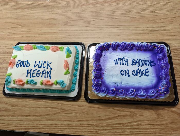 Two cakes with humorous misprinted messages showing fails to understand instructions and hilarious misprints.