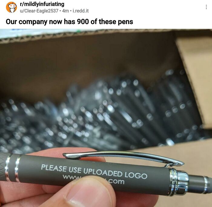 Box of pens with a misprinted message saying please use uploaded logo, a funny fail in understanding instructions.