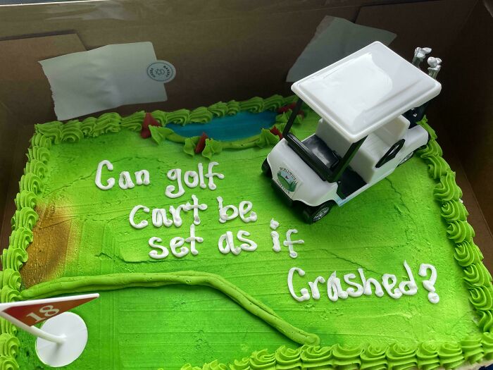 Green cake with a toy golf cart and misspelled instruction text, showcasing hilarious misprints and failed understanding of instructions.