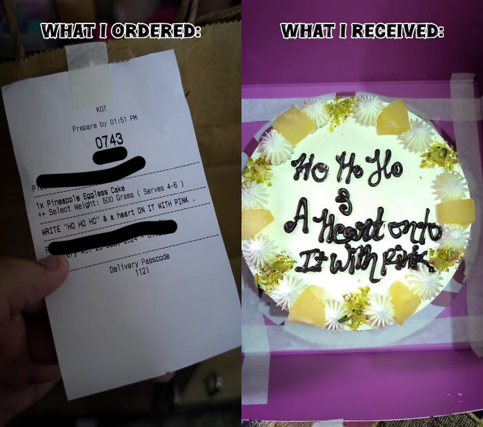 Receipt showing cake order with instructions versus actual cake displaying literal misprint of instructions on top.