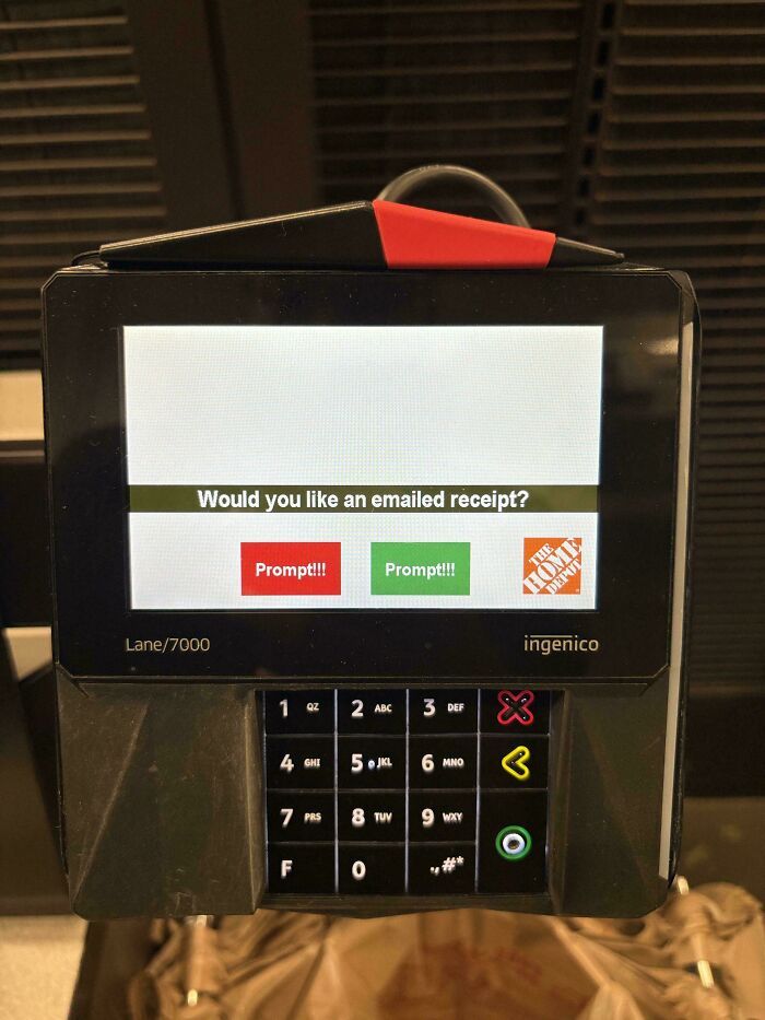 Payment terminal screen showing confusing buttons labeled Prompt with a humorous example of failed instructions and misprints.