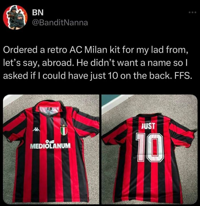 Retro AC Milan kit with a humorous misprint of the name just and number 10 on the back, failing to follow instructions