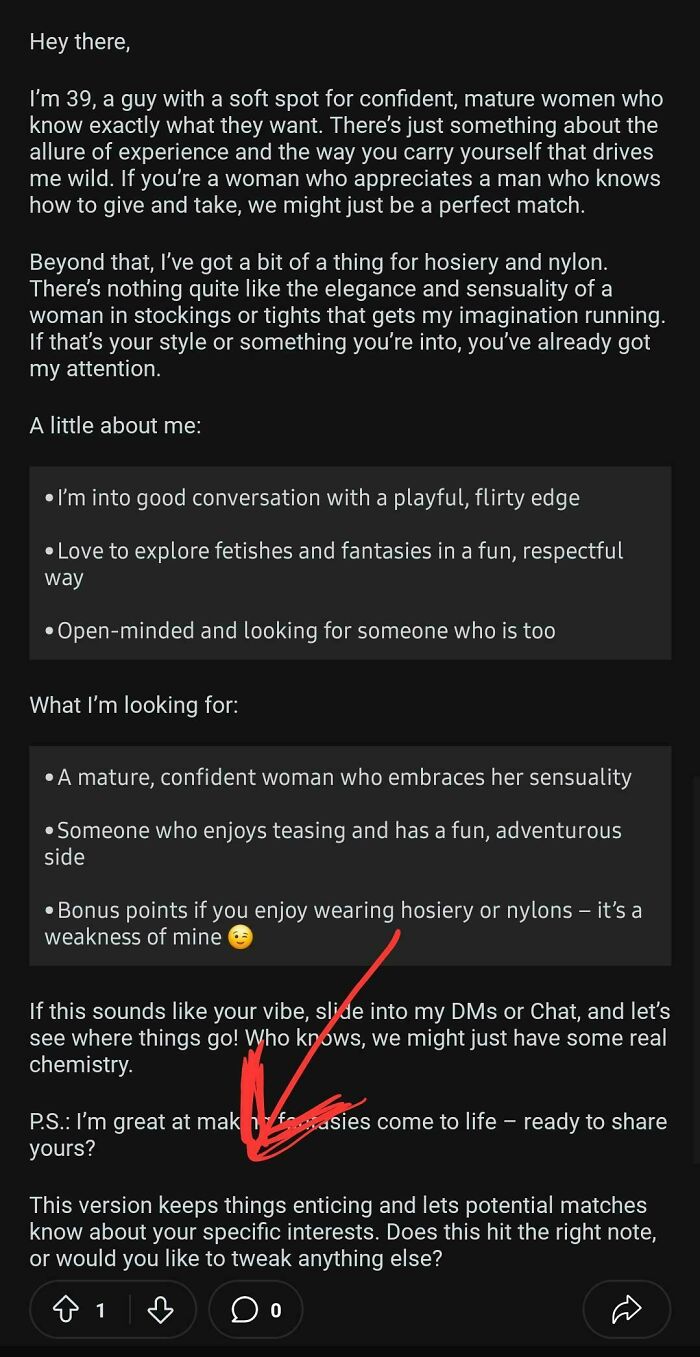 Text message with a red arrow pointing to a handwritten “P.S.” highlighting a humorous misprint in instructions.