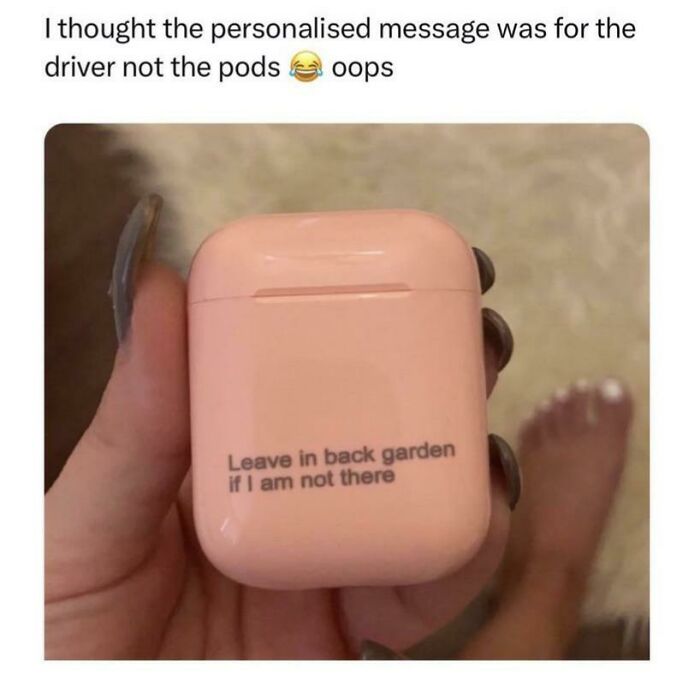 Person holding pink AirPods case with delivery instruction misprint causing a hilarious misunderstanding of instructions.