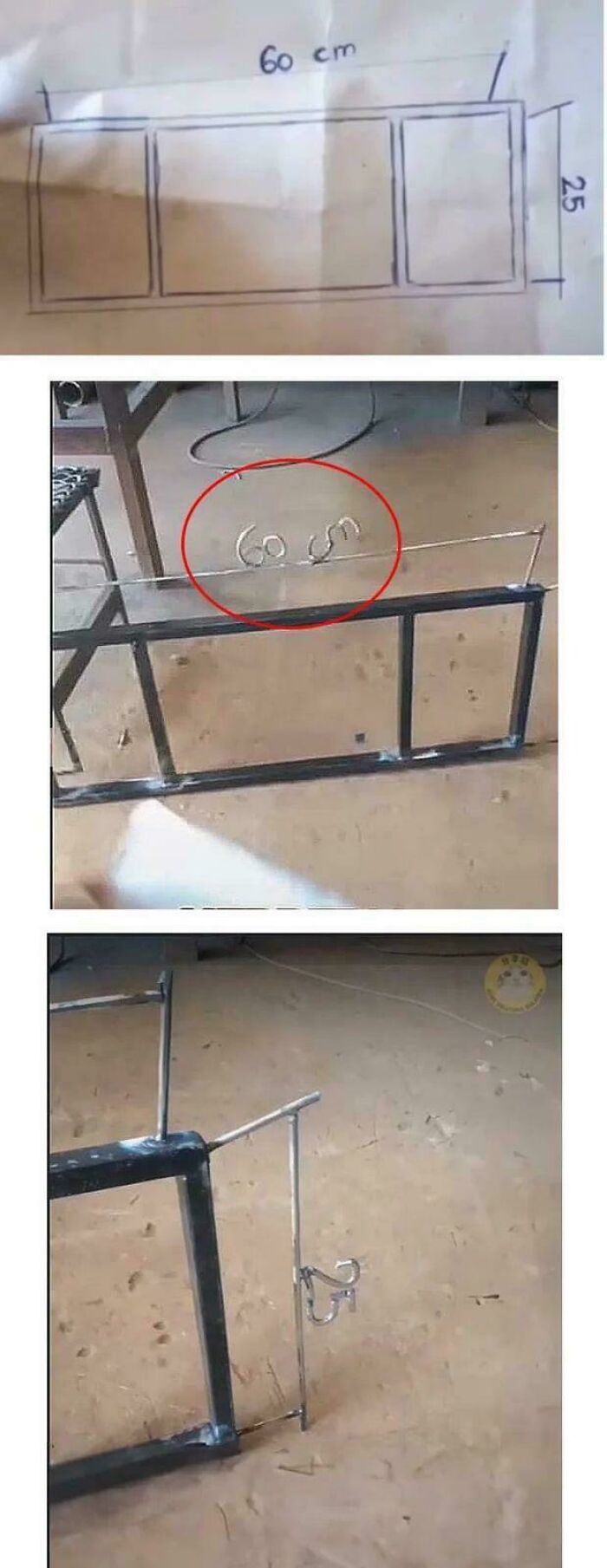 Sketch and metal frame showing 60 cm by 25 cm dimensions with humorous misprint in construction measurements.