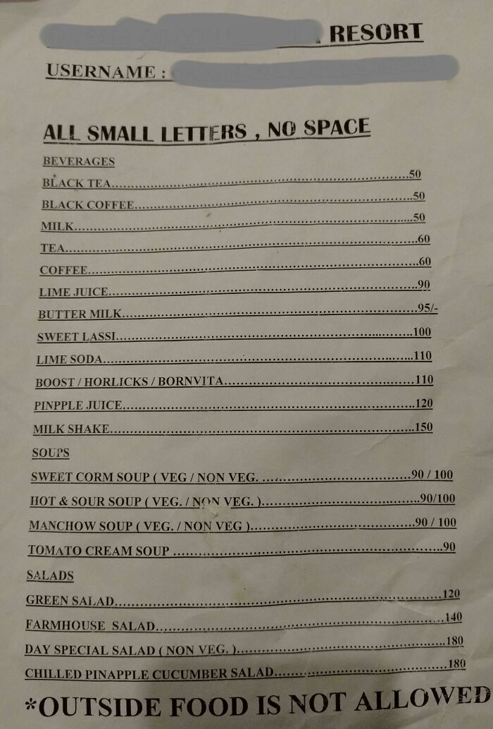 Menu with hilarious misprints showing failed attempts to understand instructions on small letters and spacing rules