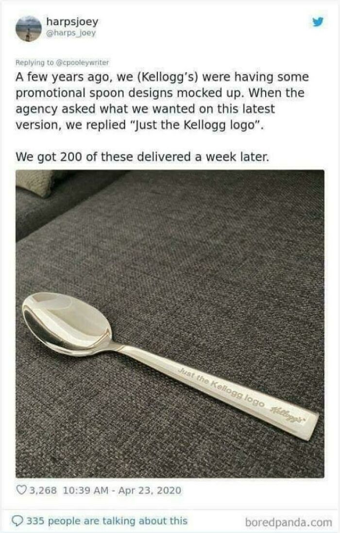 Spoon with literal text misprint shows failure to understand instructions resulting in hilarious misprints.