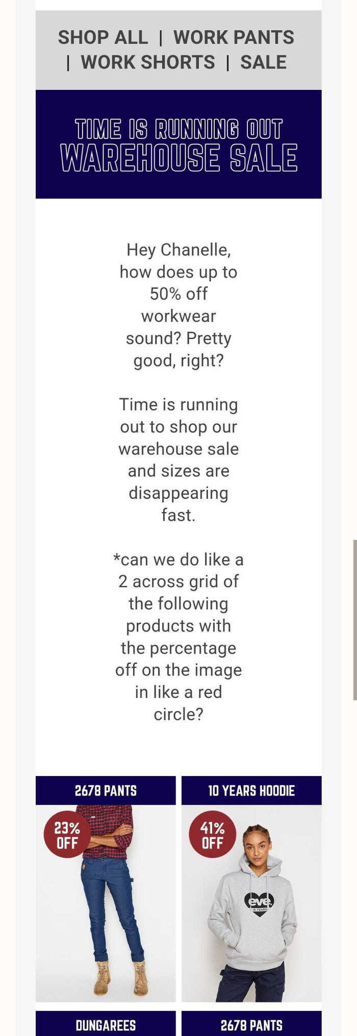 Warehouse sale with workwear discounts shown on models wearing pants and hoodies with percentage off labels.