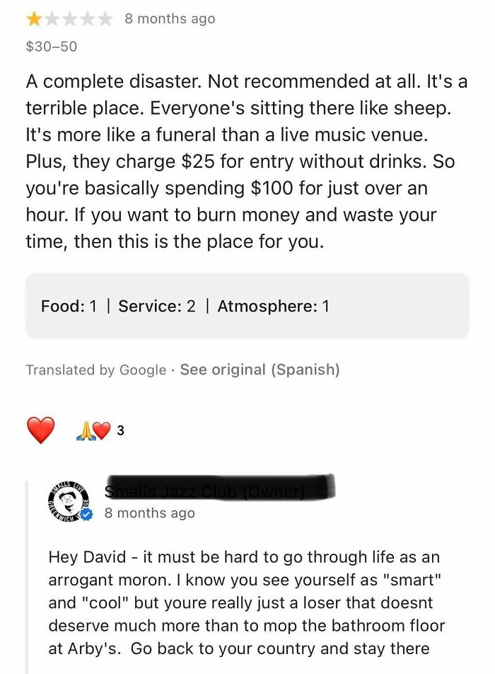 Owner Crashes Out At Every Negative Review And Has A Fascination With Arby's