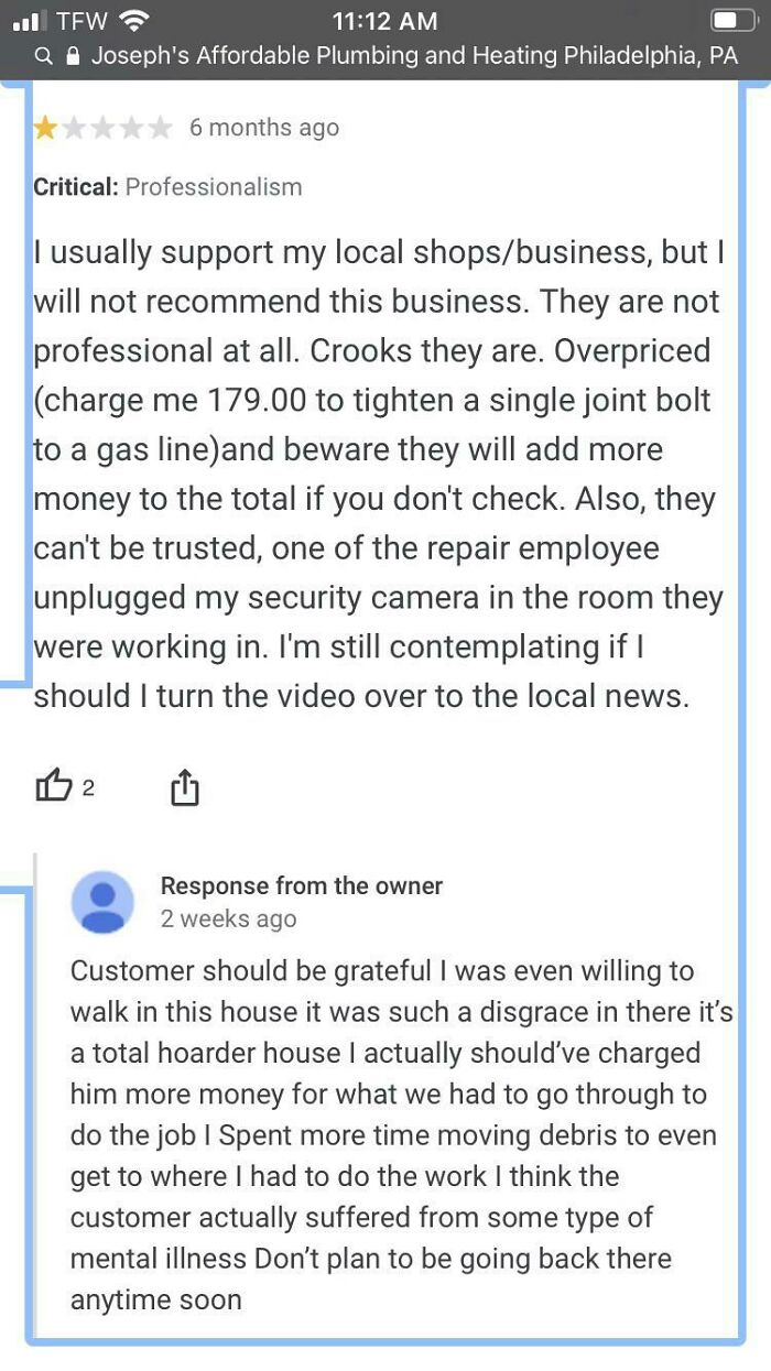 Plumber Freaks Out On Customer And Calls Them A Hoarder