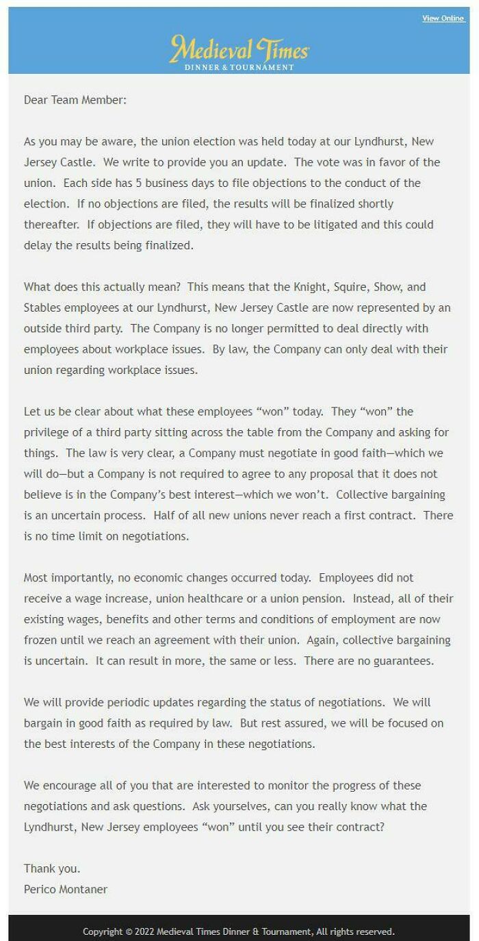 CEO Of Medieval Times Email To Company After New Jersey Castle Unionized