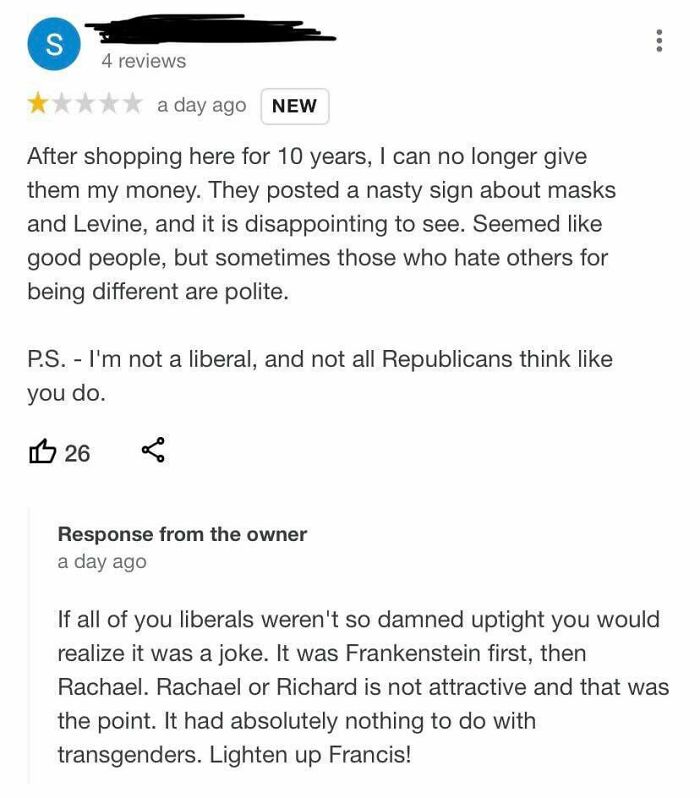 Beer Store Owner Unhappy With The "Liberals" Giving One Star Reviews After Putting Up Sign Mocking Rachel Levine