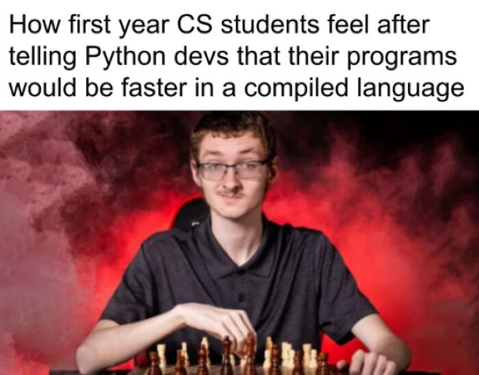 Young man playing chess with confident expression illustrating programming memes about debugging struggles and coding challenges.