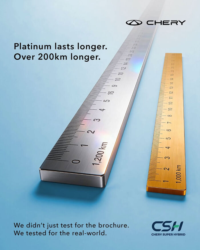 An advertisement for Chery, showing a large ruler measuring 1,200 km and a smaller one measuring 1,000 km, a funny fail.