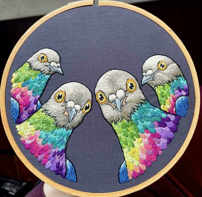 Stunning embroidery creation of four colorful pigeons in a hoop, inspiring new hobby.