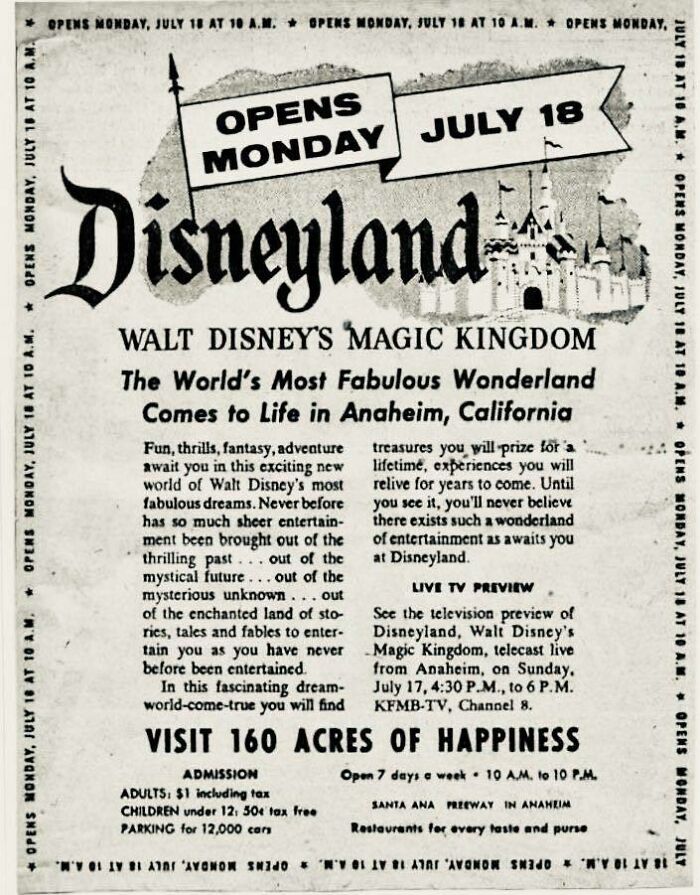 Vintage Disneyland advertisement promoting Walt Disney's Magic Kingdom opening in Anaheim with 160 acres of happiness and adventure.