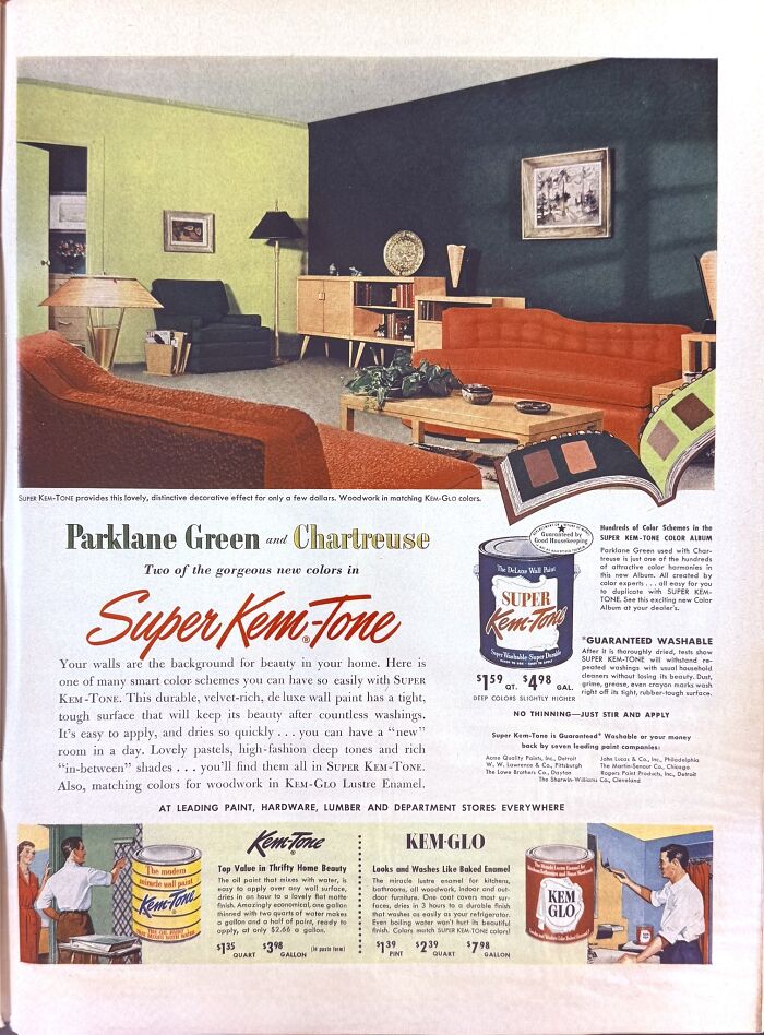 Retro ads showcasing mid-century home decor with vibrant paint colors and stylish furniture in a vintage living room setting.