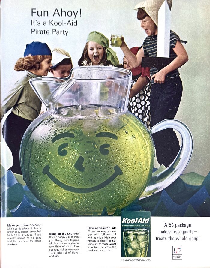Children in pirate costumes enjoying a retro Kool-Aid ad with a smiling pitcher, capturing a different era in vintage ads.