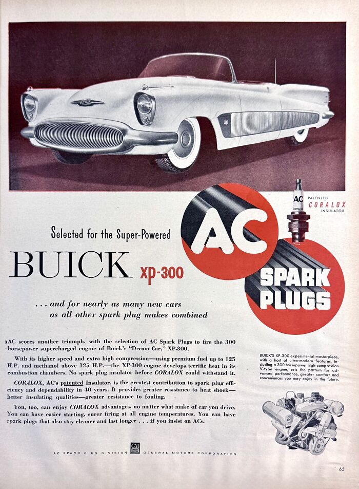 Vintage Buick xp-300 car and AC spark plugs in a retro ads design capturing a classic era of automotive history.