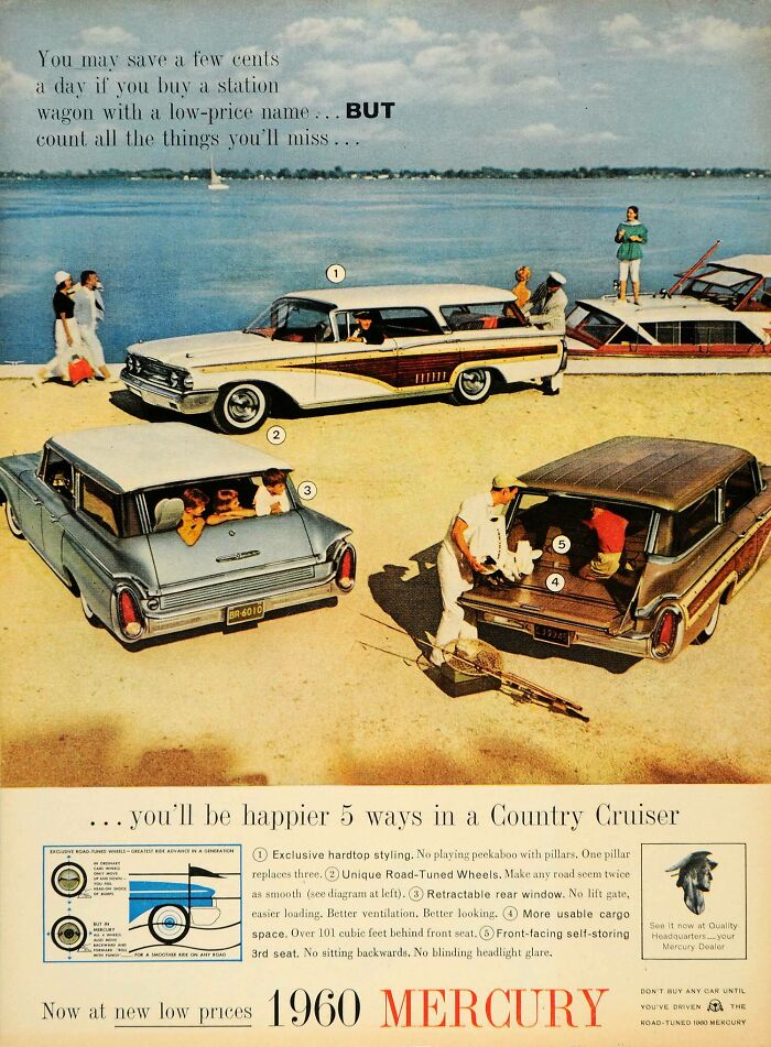 Vintage 1960 Mercury Country Cruiser station wagons at the beach in a retro ad capturing a different era.