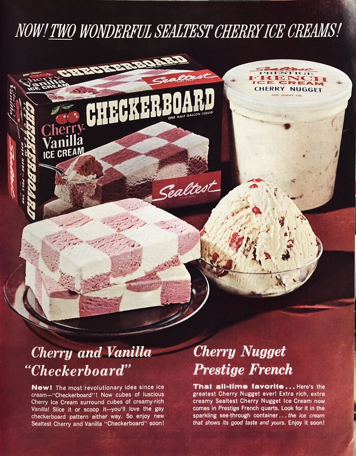 Vintage Cherry and Vanilla Checkerboard ice cream and Cherry Nugget French ice cream from a retro ad capturing a different era