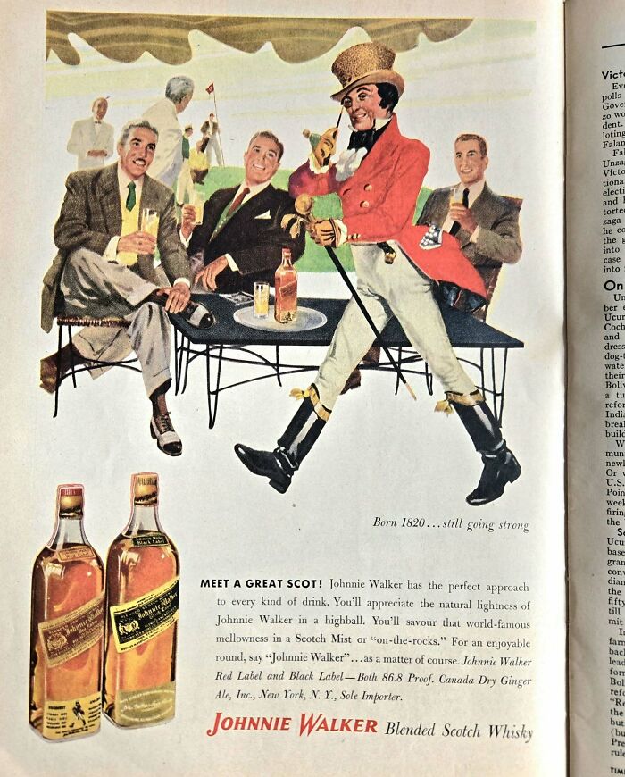 Vintage Johnnie Walker Scotch whiskey ad showing men enjoying drinks with a lively character in retro style illustration.